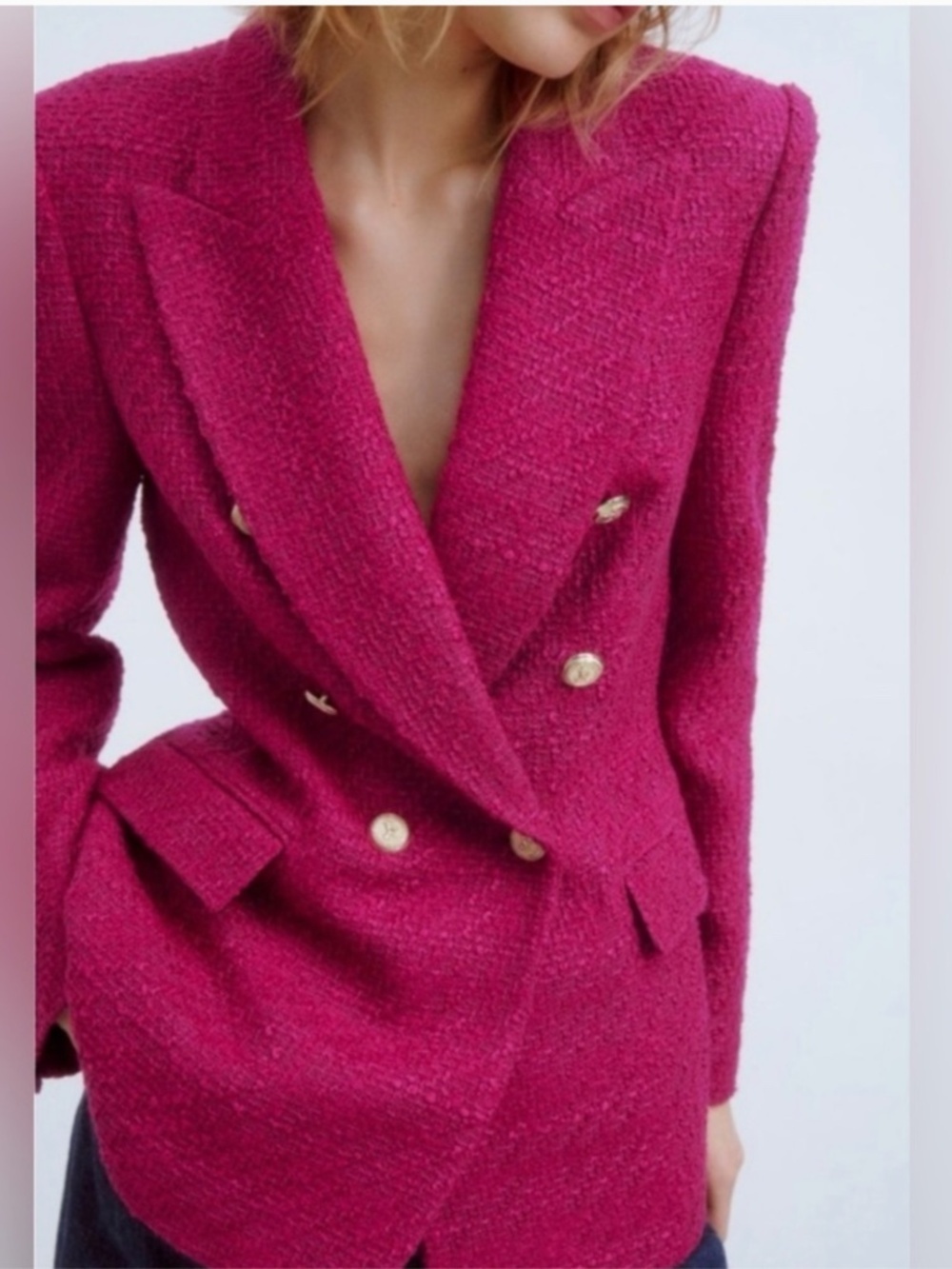 Zara Fuchsia Pink Double-Breasted Tweed Blazer with Gold Buttons Size Small - Picture 5 of 14